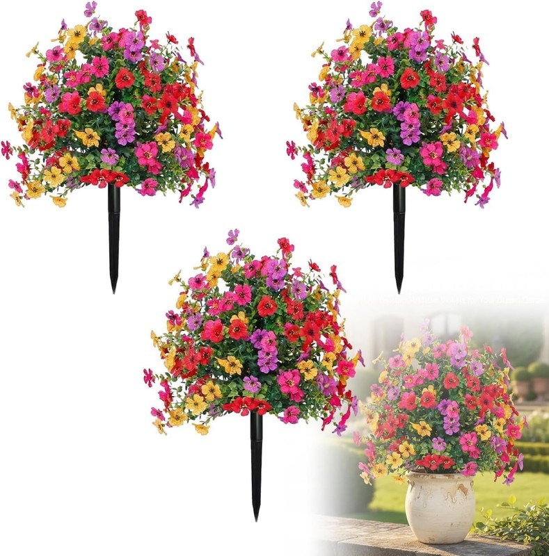 22″ Artificial Petunias Ground Stake Faux Flowers Outdoor Garden Planter Decor