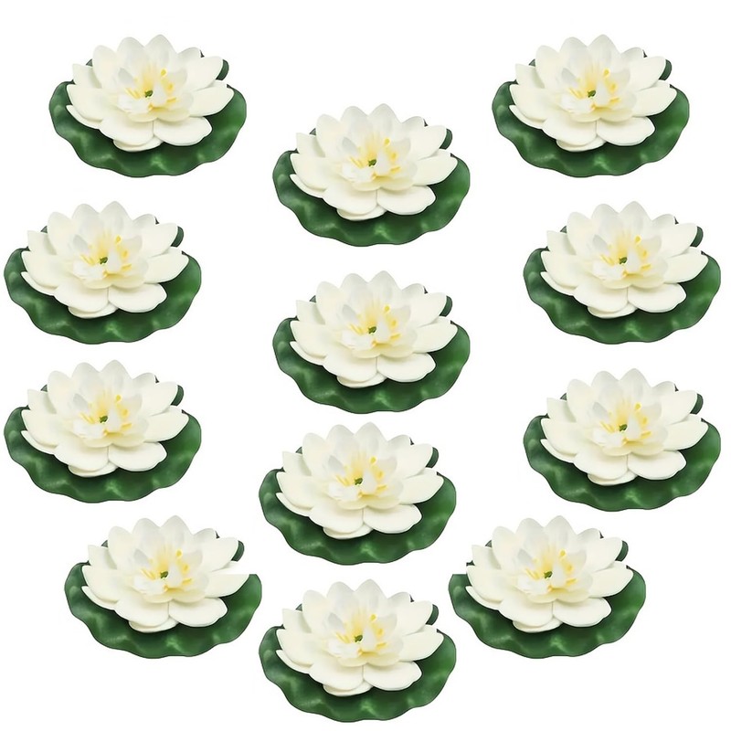 12pcs Floating Foam Lotus Flowers with Lily Pads, Artificial Pond Plants Orna…