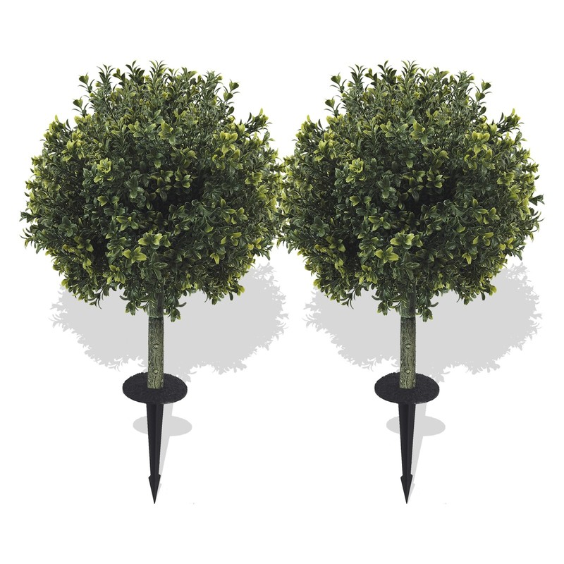 2 Pack Artificial Boxwood Topiary Ground Stake Fake Sphere Shrub Outdoor Garden
