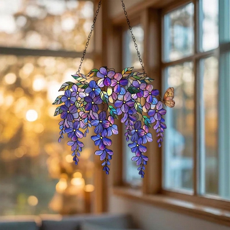 Purple Wisteria Acrylic Suncatcher, Stained Glass Style Floral Window Hanging gallery