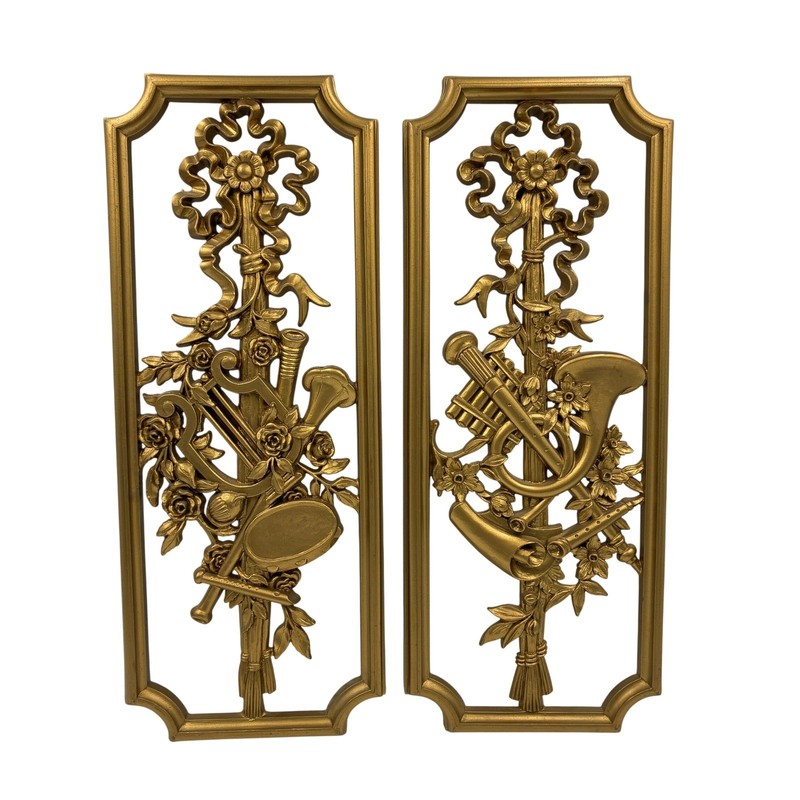 Vtg 1964 Burwood Products Gold Musical Wall Plaques Pair USA MCM Plastic 14×5.5