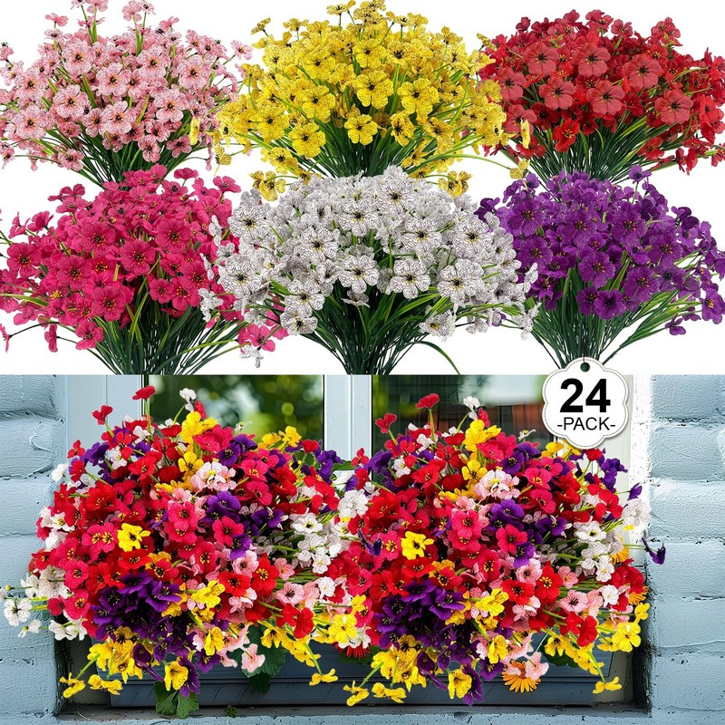 24 Pcs (6 Color) UV Resistant Outdoor Artificial Faux Flowers Plants Realistic P