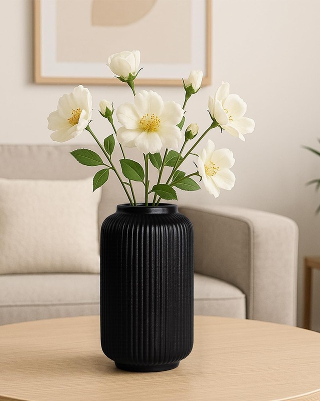 Matte Black Ceramic Flower Vase 8 Inch Ribbed Decorative Centerpiece gallery