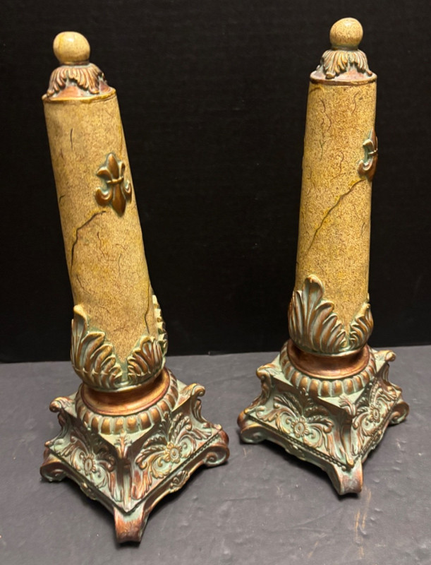 Pr 13″ OBELISKS Faux Marble Home Decor Finials French Style Tabletop Shelf Resin