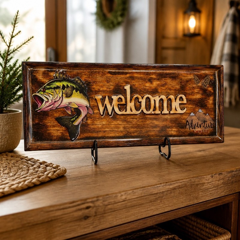 Handmade Welcome Sign. Highlighting Fishing 14 x 5. Resin Finish Wall Art