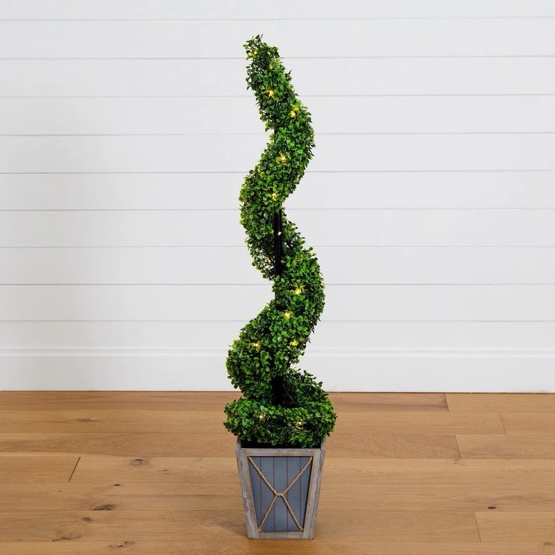 45” UV Resistant Artificial Boxwood Spiral Topiary Tree w/LEDs (Indoor/Outdoor)