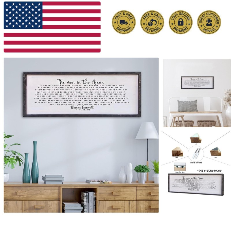 The Man In The Arena Wall Decor 40″x15″ Morden Office Motivational Wood Frame…