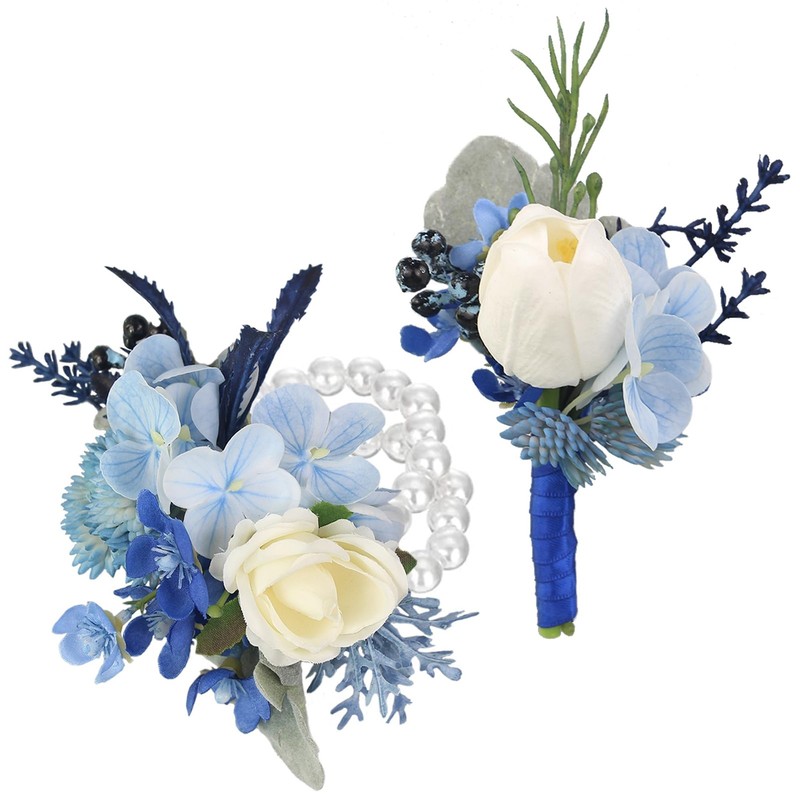 Corsage and Boutonniere Set Navy Blue Corsages Wristlet Groom Flower
