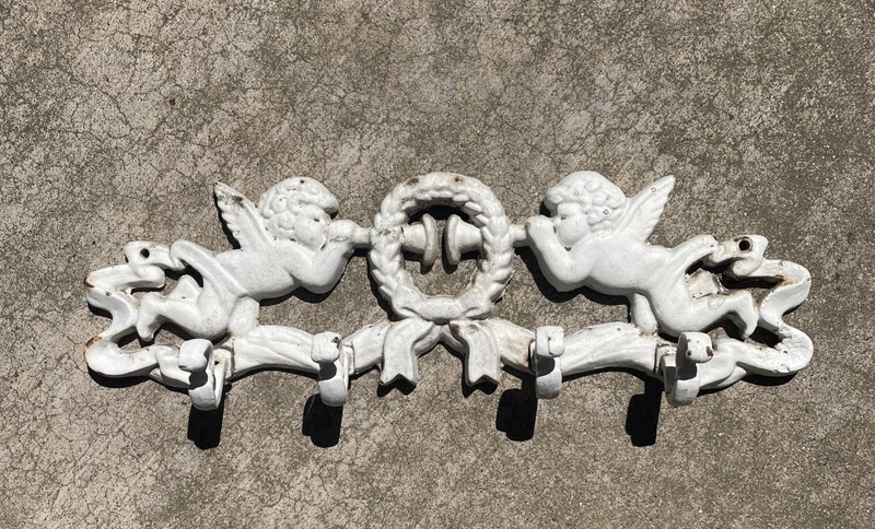 Vintage Ornate Cherub Wall Decoration Painted White Cast Wrought Iron Hook Metal