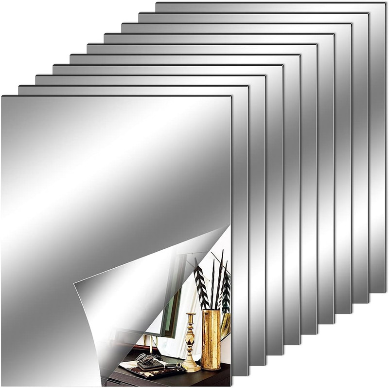 10 Pieces Flexible Mirror Sheets, Self Adhesive Decorative Plastic Mirror Tiles