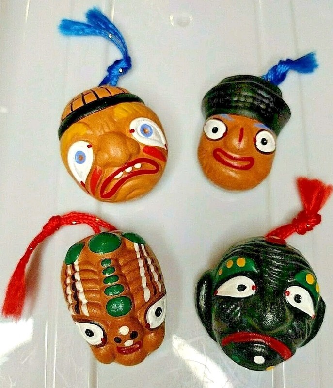 Korean Folk Art Clay Mask Ornament Wall Hanging Set Of 4 Vintage