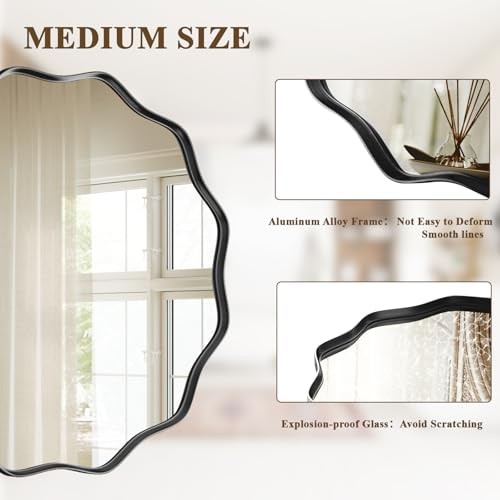 Scalloped Circle Mirror, 24" Wavy Edge Round Wall Mirror 24"L x 24"W Black gallery