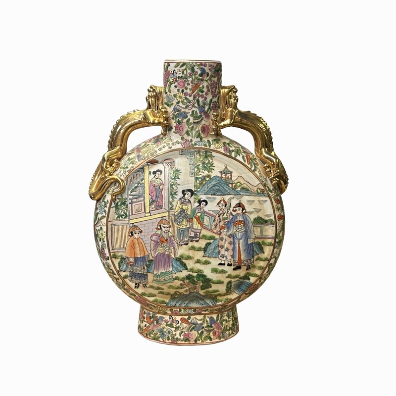 Chinese Oriental Porcelain People Scenery Flat Round Shape Vase ws3491 gallery