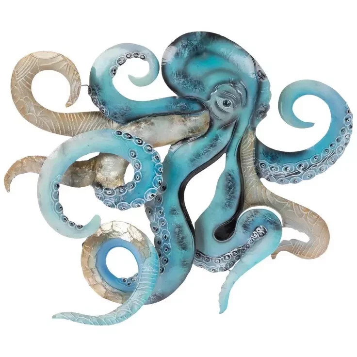 Blue Octopus Beach Ocean Hammered Metal Wall Art 3D Sculpture Hand Painted Decor