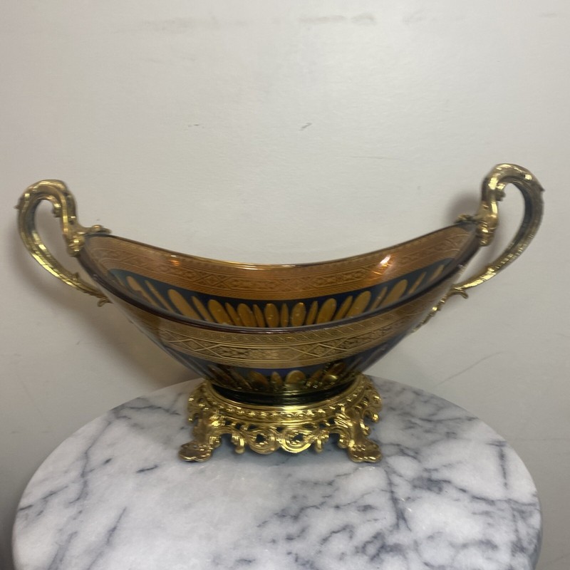 Beautiful Colored Cut Glass French Style Bowl with Gold Overlay and Bronze Mount