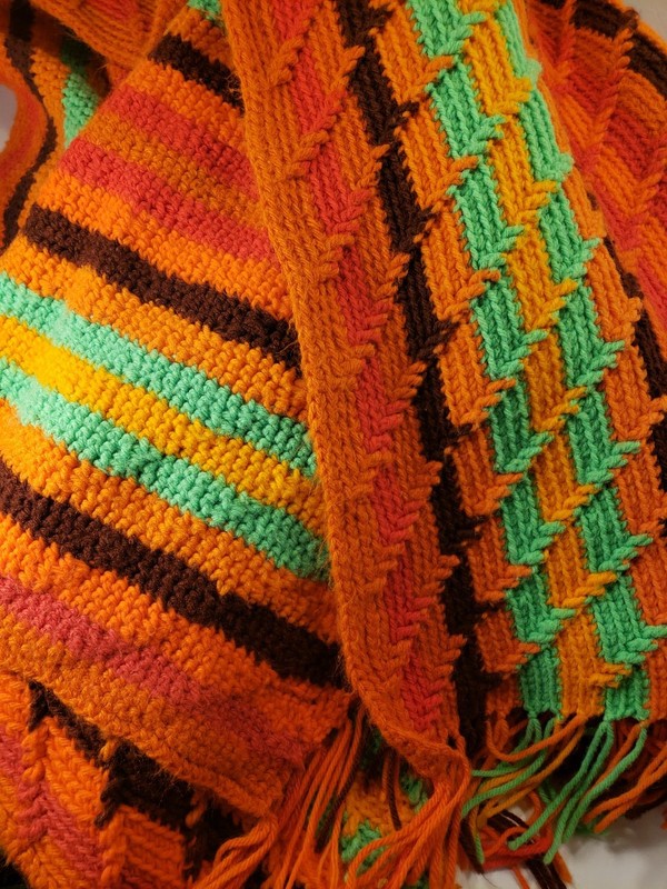 VTG 60s 70s Retro Groovy Knit Zigzag Afghan Bed/Couch Runner Fringe Neon 82x58 gallery