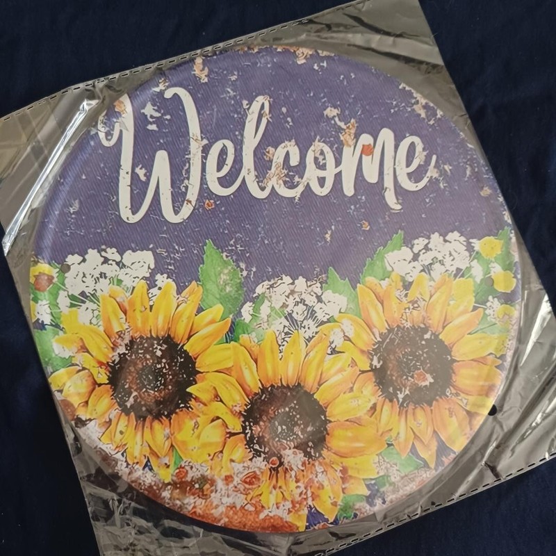 8″ Round Metal Sign Rustic Indoor Outdoor Flowers Love Happy Wall Art Welcome #4