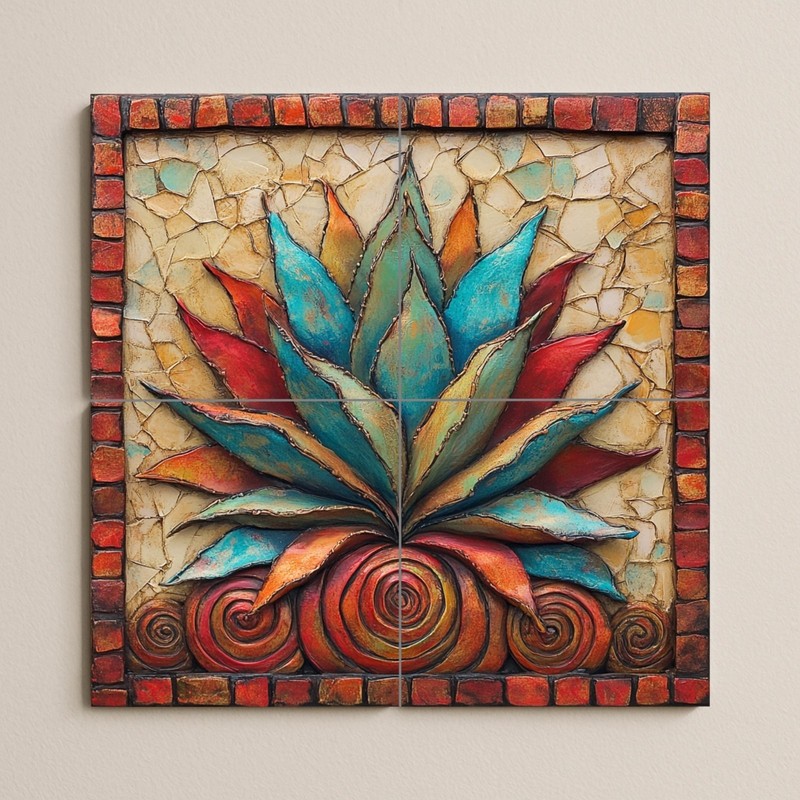 Mexican Agave Ceramic Tile Mural Colorful Succulent Southwest Wall Art Panel