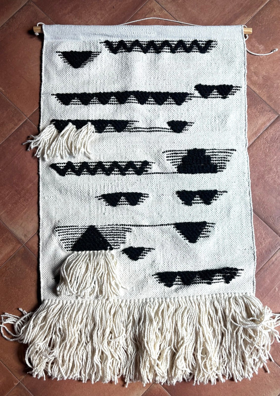 Bohemian 70s-Style Black and White Woven Textile Wall Hanging, 30″x 60″, EUC