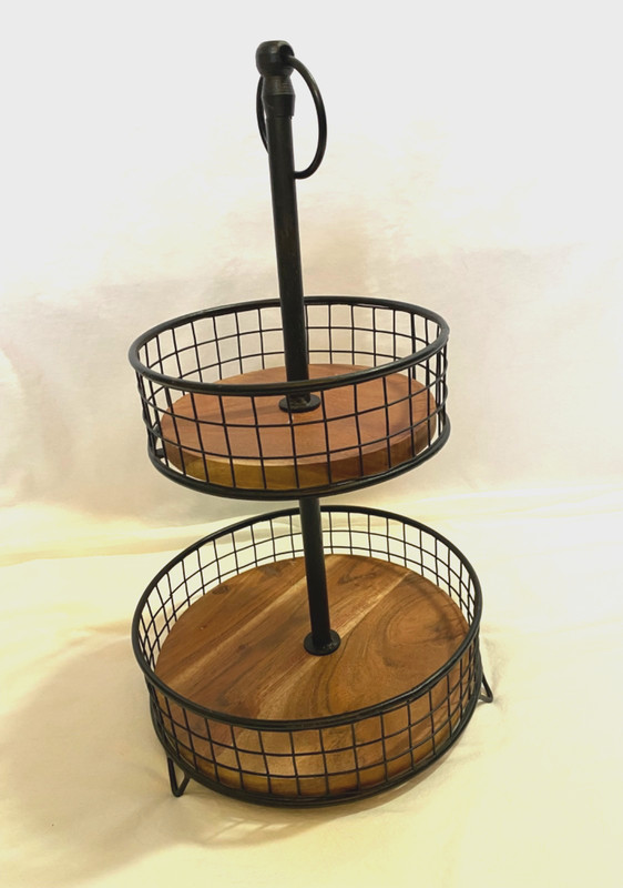 Farmhouse Style Round Two-Tier Wood and Metal Farmhouse Basket 15.5″ x 9″ wide