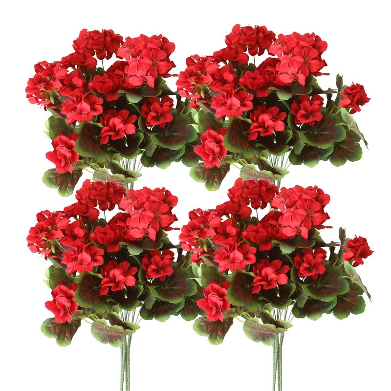 4PCS Realistic Outdoor Artificial Fake Geraniums Silk Flowers Plants, UV Resi...