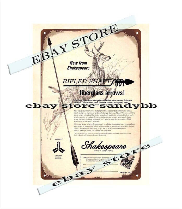 1967 fisherman tools Rifled Shaft Bow Fiberglass Arrows Deer Hunting tin sign