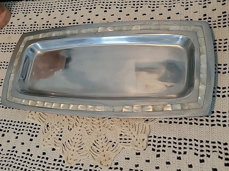 Handcrafted Mother of Pearl Inlay Silver Tone Tray Rectangular India Reflective gallery