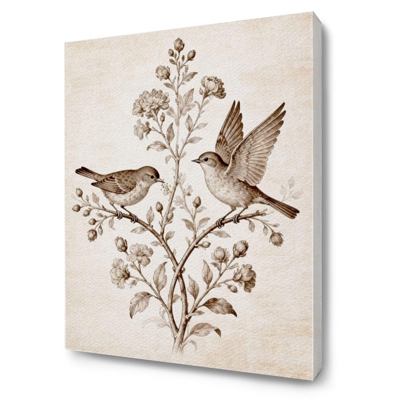 Vintage Floral Birds on Branch Framed Canvas Wall Art, Botanical Birds Prints…