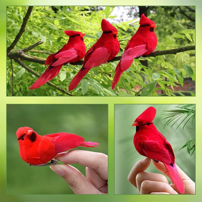 2PCS Artificial Feathered Cardinal Birds Ornament, Realistic Red Birds with Clip gallery