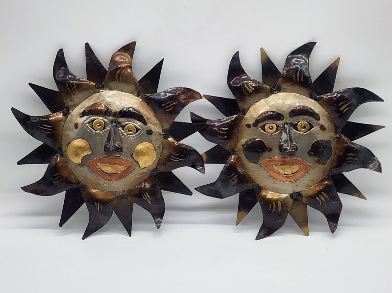 Set of 2 Mixed Metal SUN Wall Decor – Sunburst Face Bustamante Style 9″