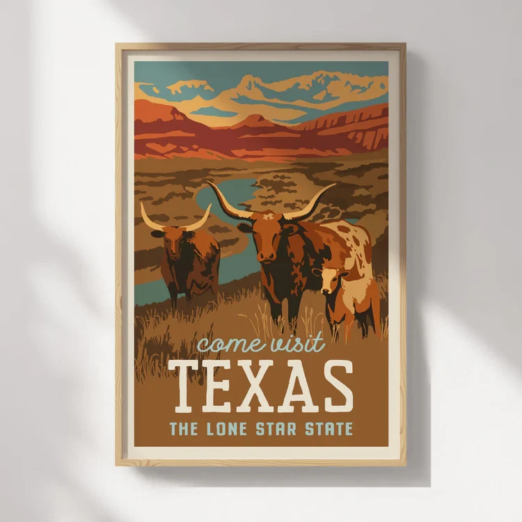 Texas Retro Style Travel Poster, Travel Wall Art No Frame, Home Decor