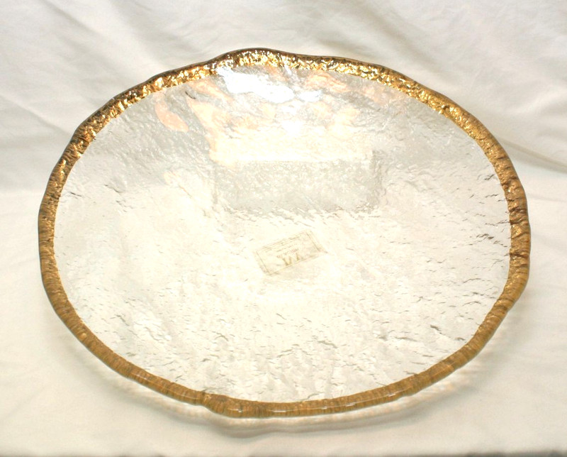 Vintage Glacier IVV Crystal Italian 10K Gold Trimmed Textured Serving Bowl Exc.