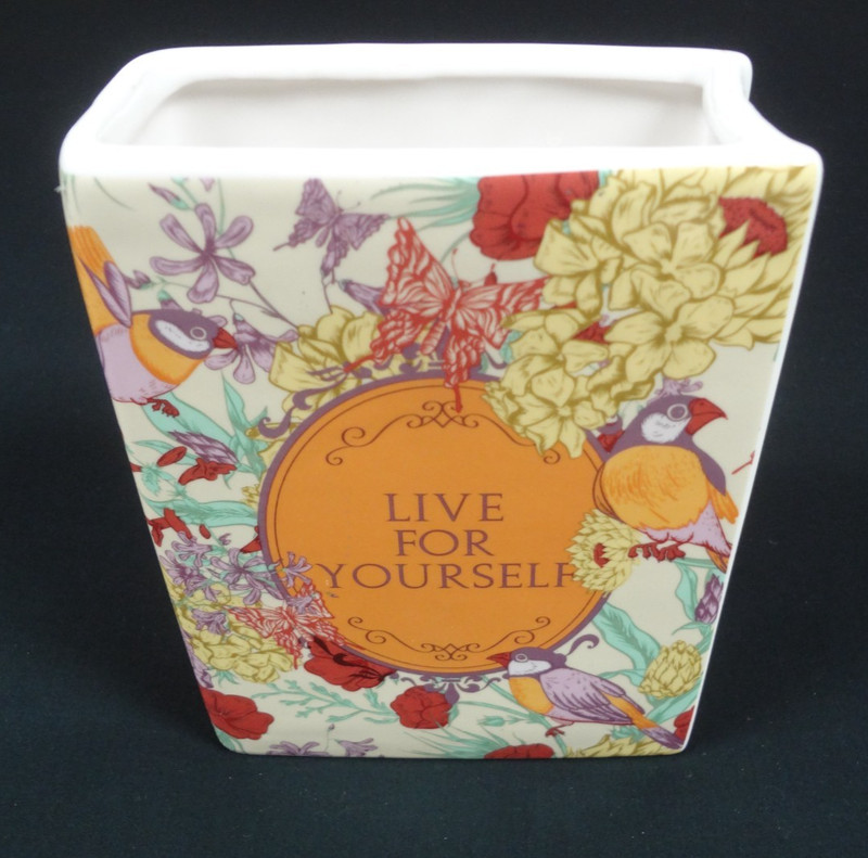 BOOK SHAPED FLOWER VASE PLANTER – FLORAL BIRDS – LIVE FOR YOURSELF – NEW