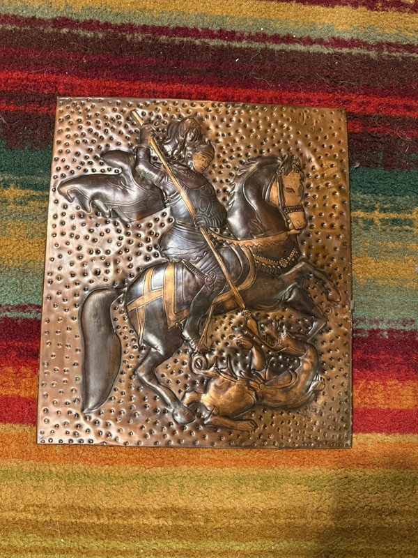 Vintage Mid Century Copper Relief Plaque 15×17 Saint George Slaying Dragon Art