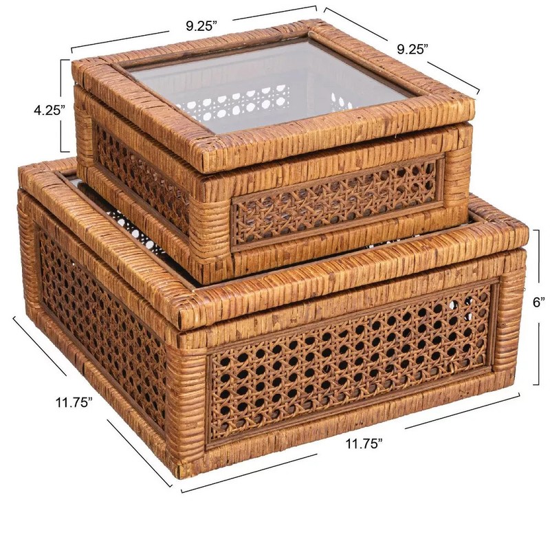 NEW -Modern Decorative Square Woven Rattan and Wood Display Boxes with Glass Top gallery