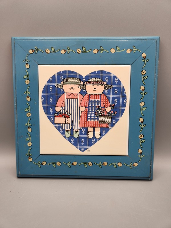 Vtg 1990s Framed Ceramic Tile Trivet Folk Art Teddy Bear Farmer Couple Hearts