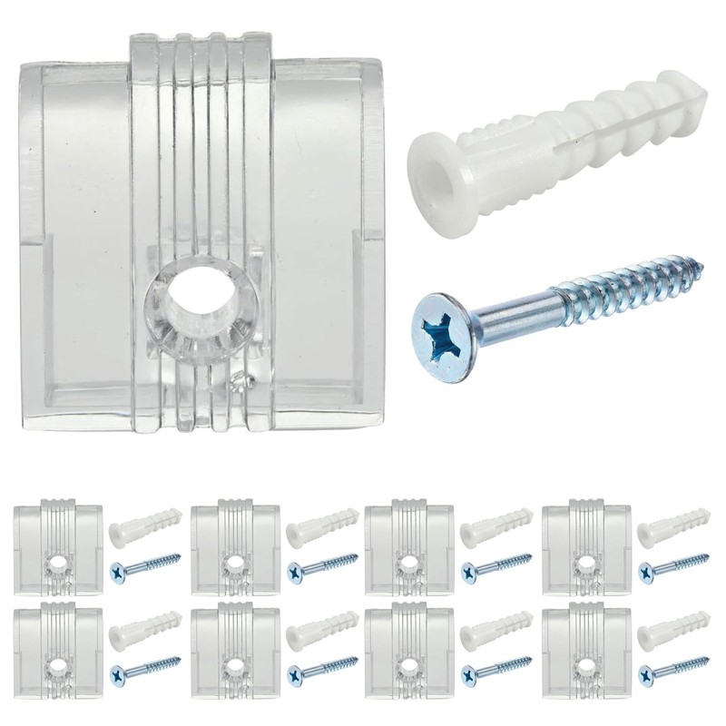 8 Transparent Mirror Clips Wall Mounting Set Clear Brackets Screws Anchors 1/4″