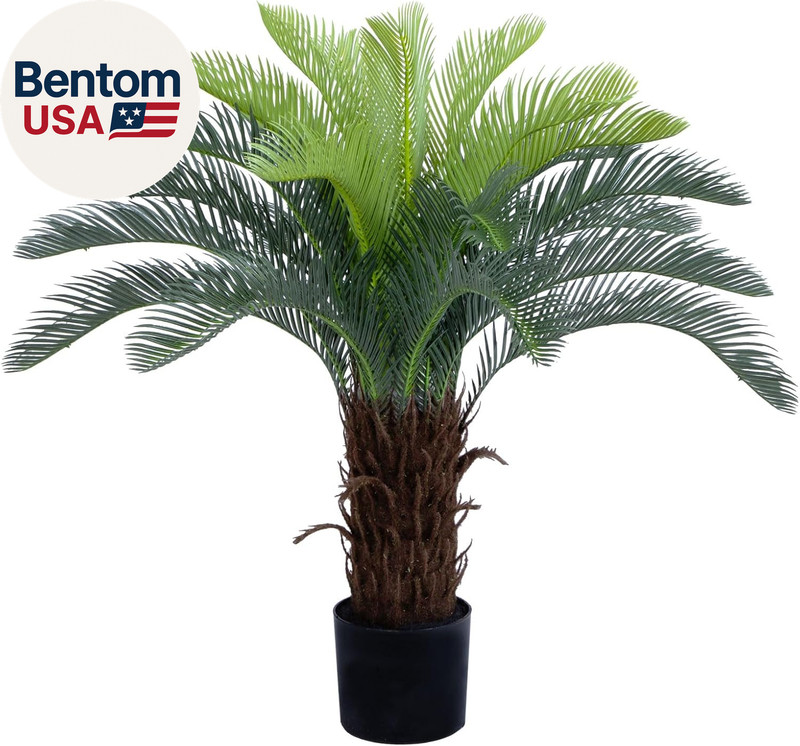 3Ft UV Resistant Faux Sago Palm Tree with Natural & Lifelike Bark, 35In Super Fu