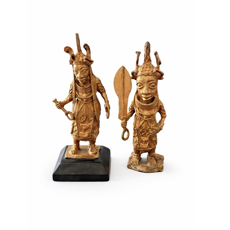 African Benin Style Vintage Bronze Warrior Figures Pair 10″ Cast Metal Art