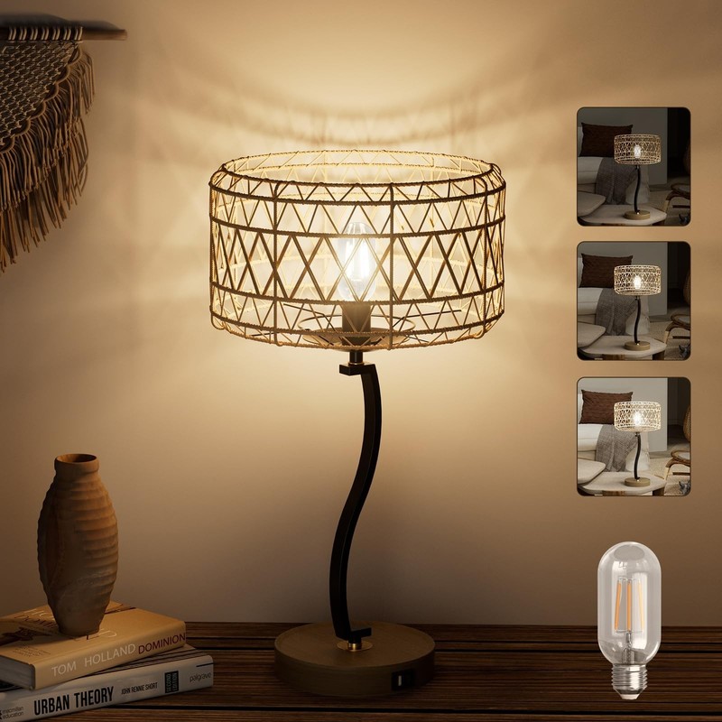 N11-2 Large Rattan Boho Table Lamp, 23″ Bohemian Decor Light with U… Fast Ship