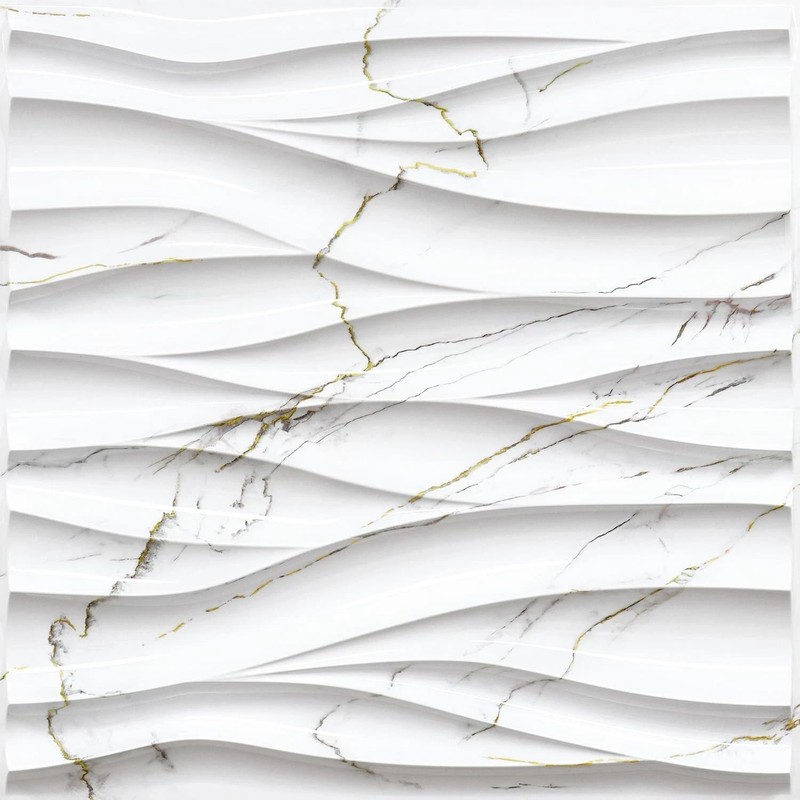 3D Wave Wall Panels – White Marble & Gold Accent for Living Room Decor