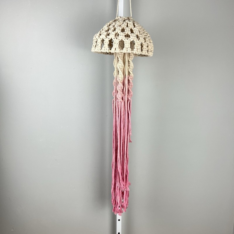 Hanging Macrame Jellyfish Pink Cream Fiber Art Boho Decor Ocean Sea Life 40″