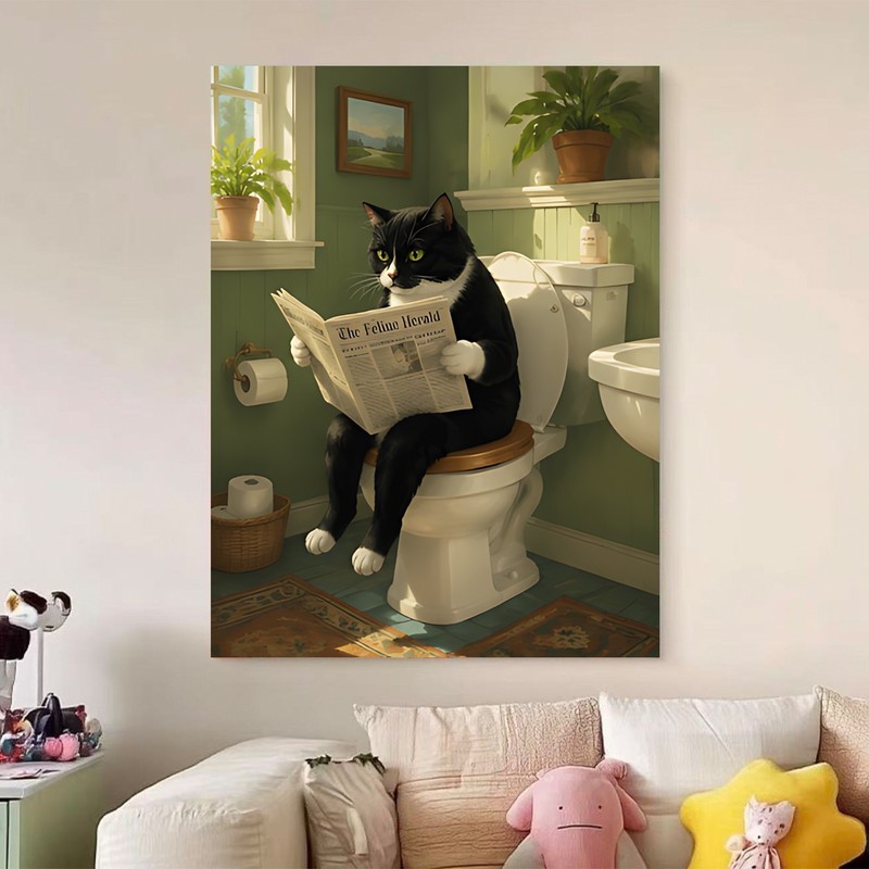 Funny Tuxedo Cat Reading Newspaper on Toilet Canvas Wall Art gallery