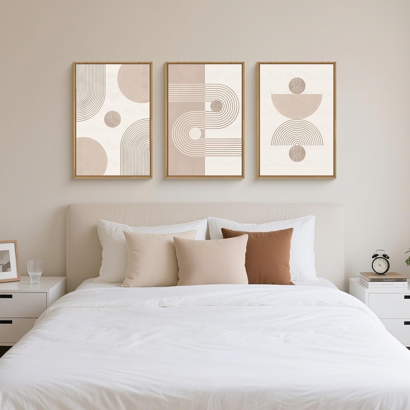 HPINUB Boho Abstract Framed Canvas Wall Art Set, Beige Mid Century Wall Decor... gallery
