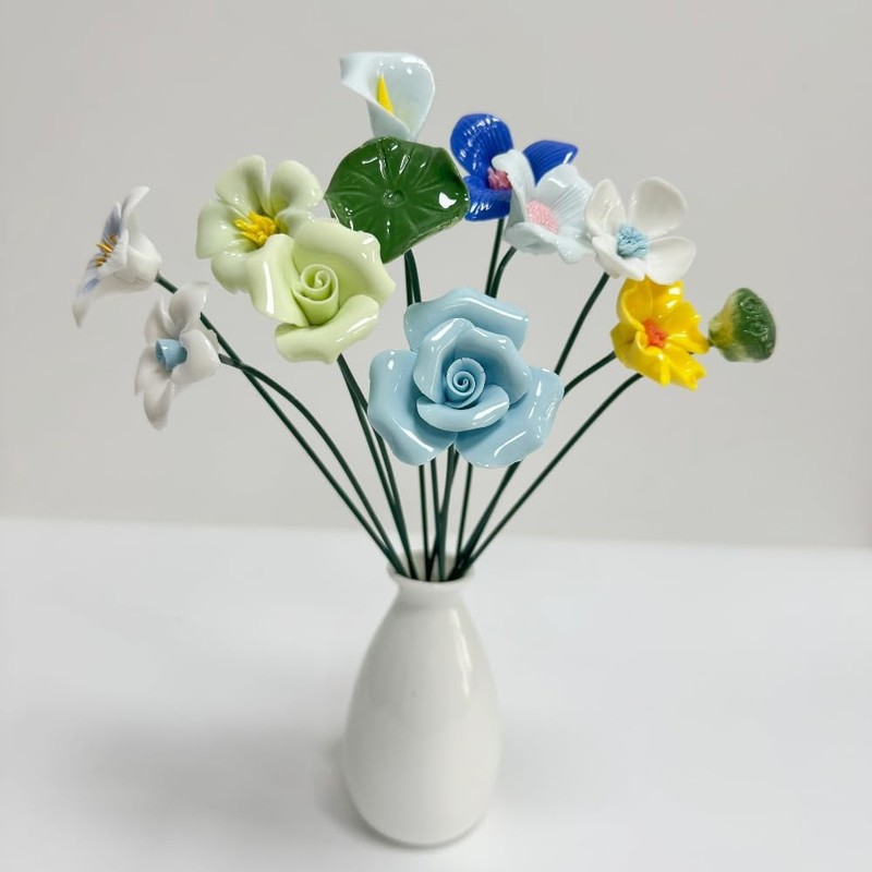 12 Pcs Handmade Ceramic Flowers Decor,Porcelain Flower Plant stakes for Outdo…