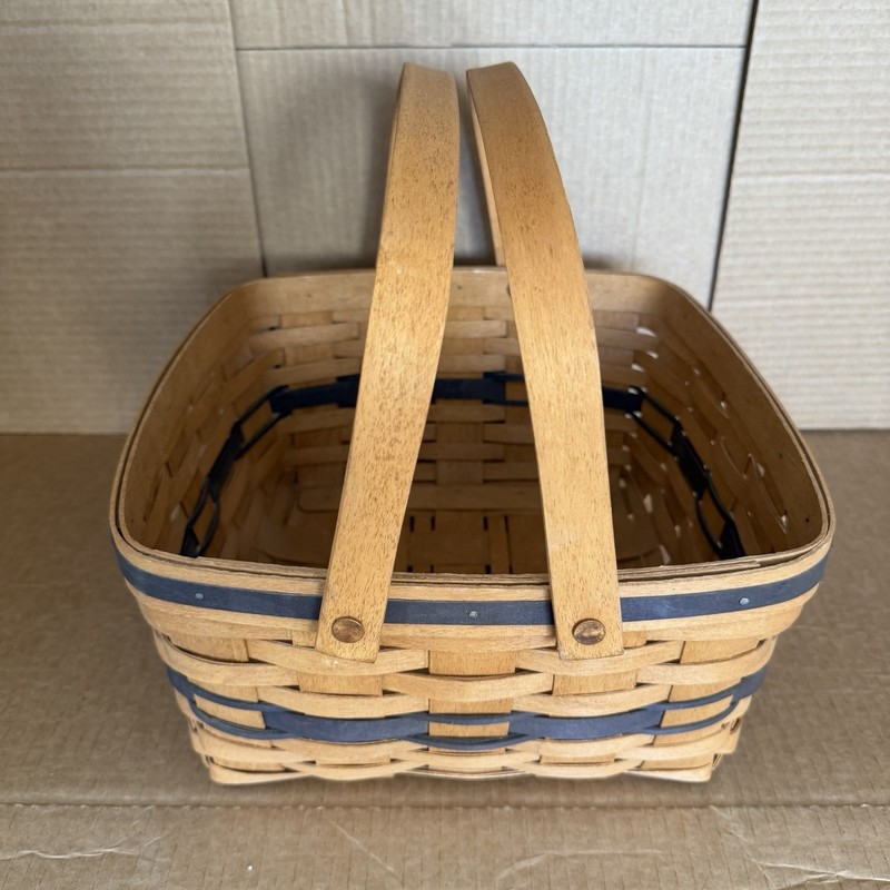 Longaberger Handwoven Wood Basket Swing Handles Brown/Blue 13in 25qt