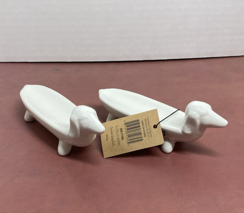 Lot of 2 Creative Co-Op Elongated White Ceramic Dog Dish Dashaud Minimalistic