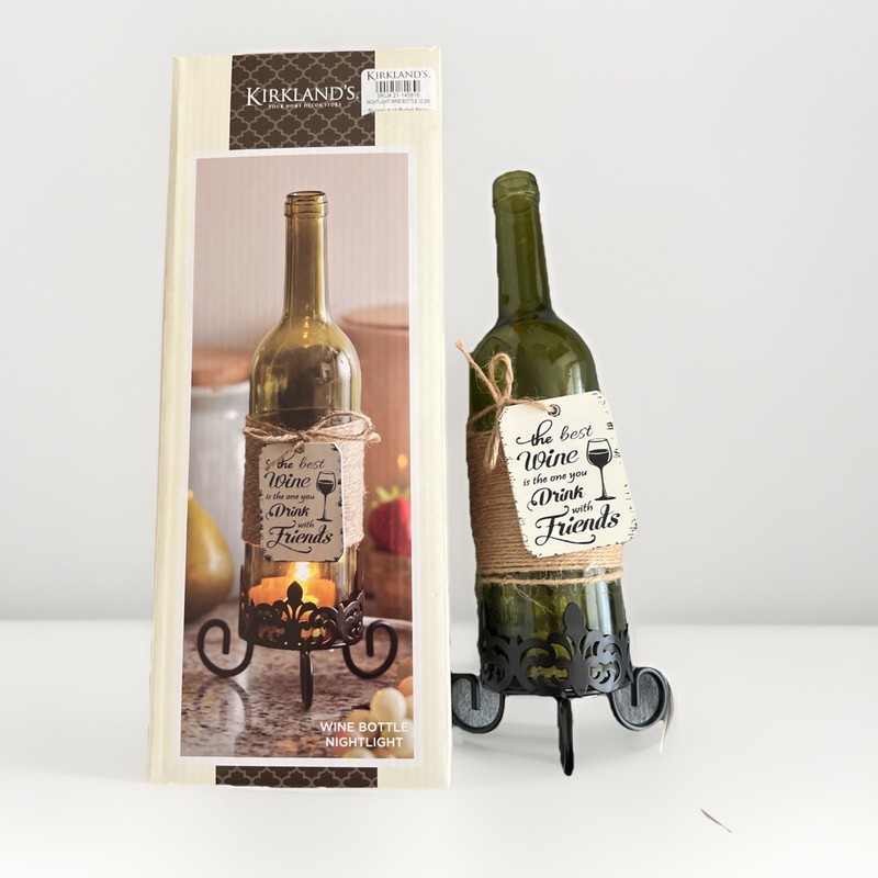 Kirkland’s Wine Bottle Nightlight Glass Rustic Vineyard Decor 12.5” Tall Green