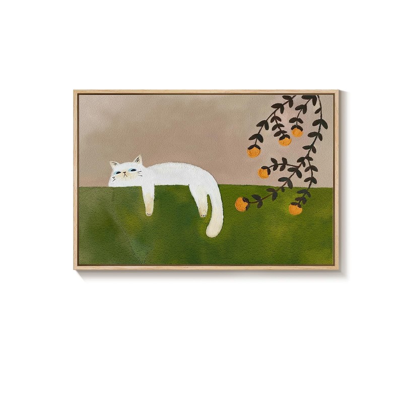 Framed Neutral and Green Wall Art for Bedroom Decor, Large Cozy Cat Canvas Pa... gallery