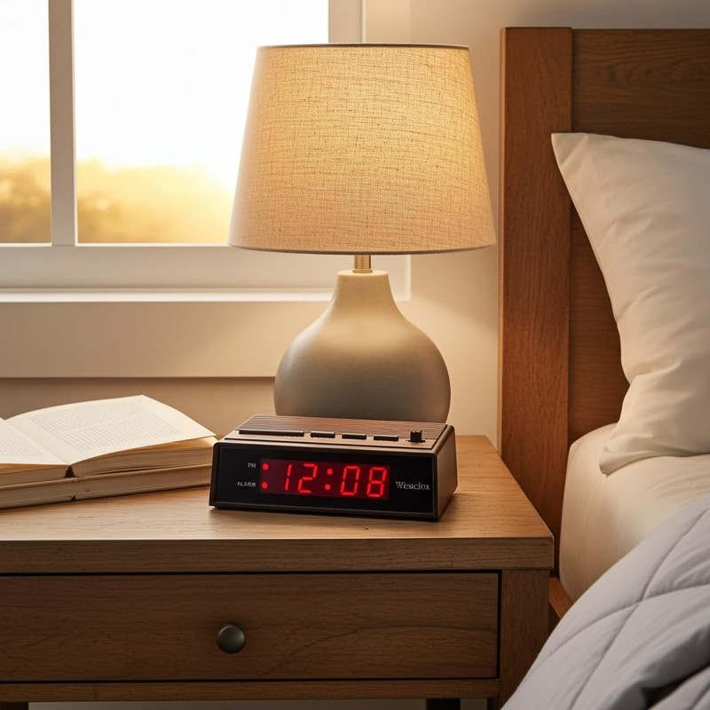 Retro Wood Style Small Night Table Alarm Clock with Red LED Display, 9-Minute... gallery